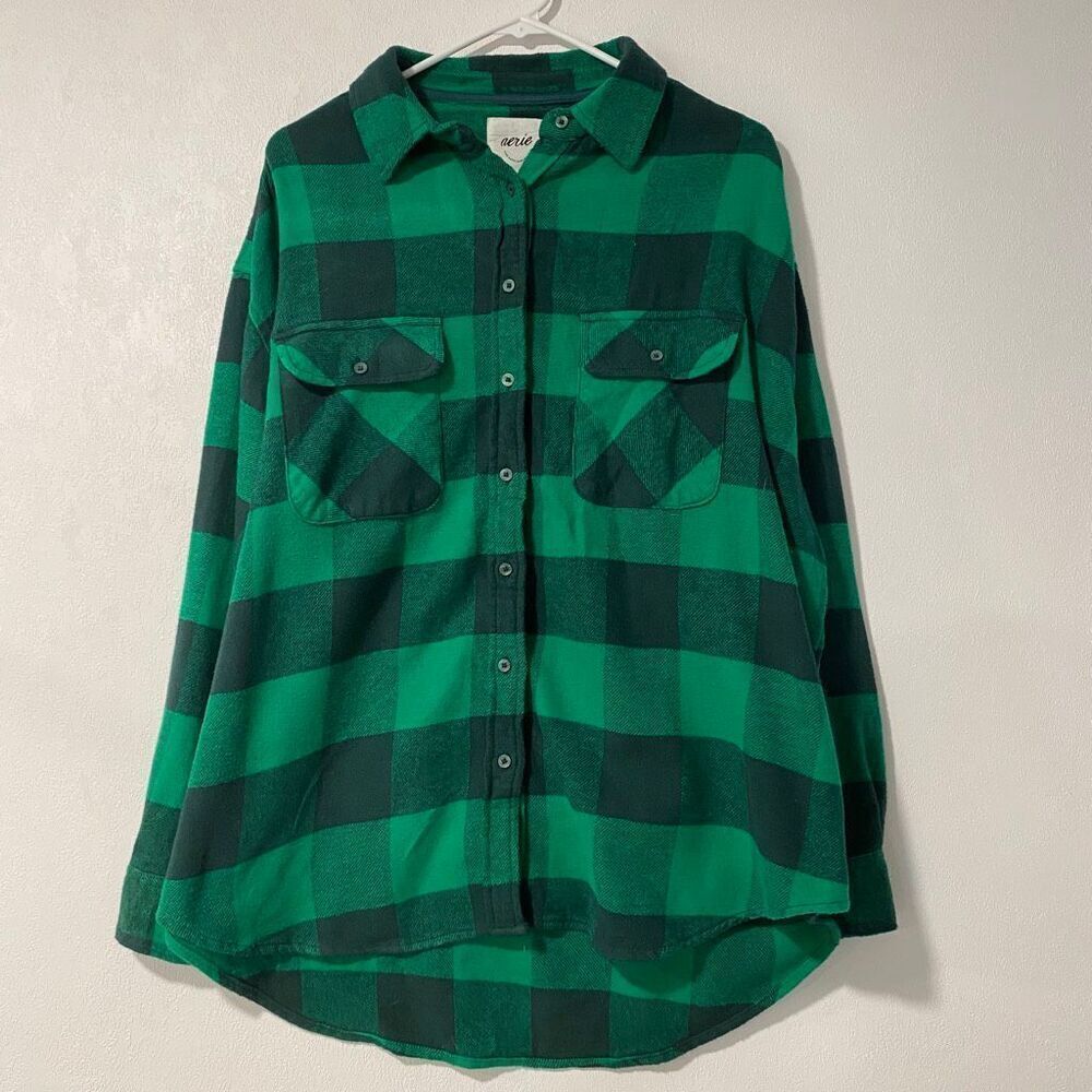 Aerie Green Plaid Flannel Shirt Button Down Cozy Oversized Top Size M - Picture 2 of 8
